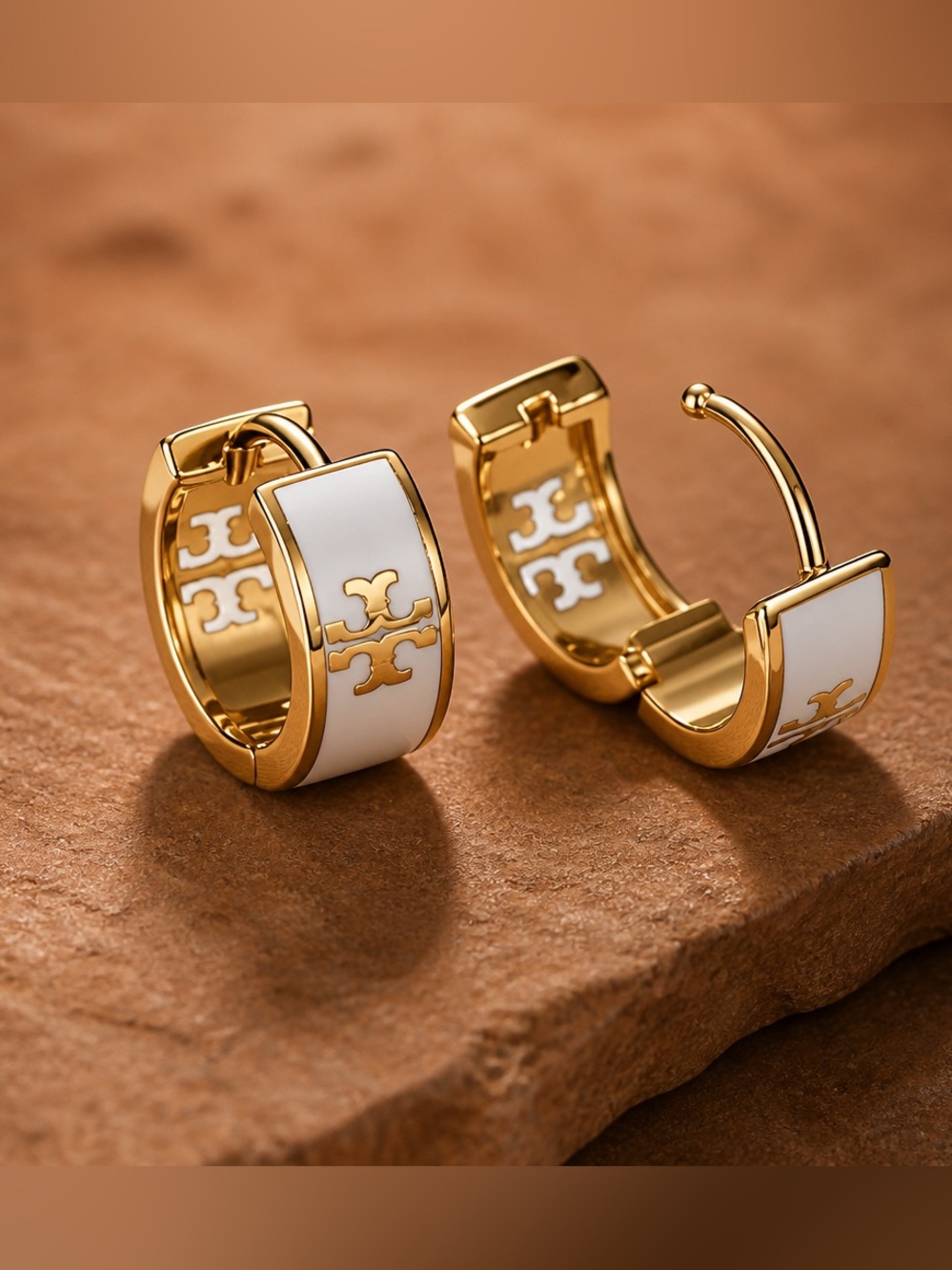 Tory Burch White and Gold Enamel Logo Huggie Earrings